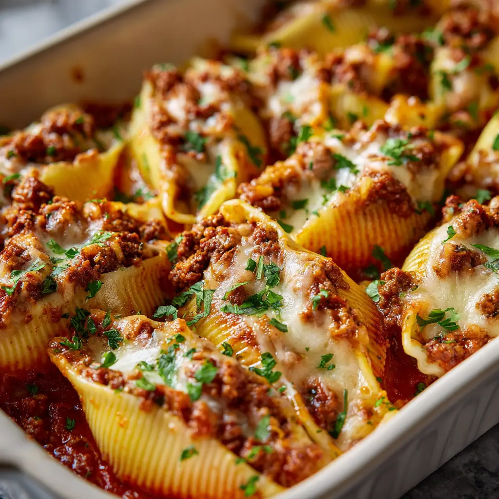 A close-up view of beef and ricotta stuffed shells arranged in a baking dish before being topped with mozzarella cheese.
