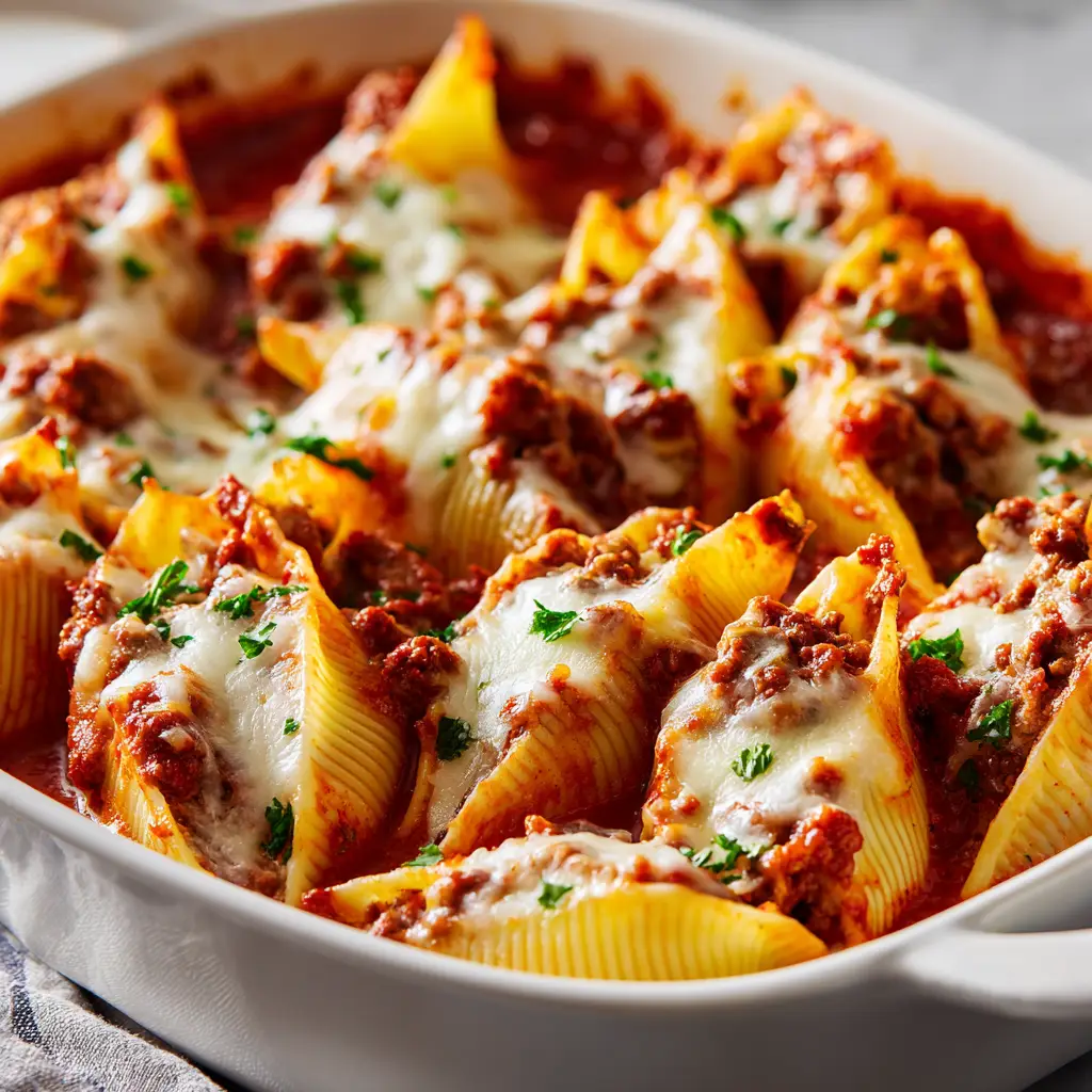 A final plated serving of beef stuffed shells, garnished with fresh parsley, highlighting the melted cheese and hearty filling.
