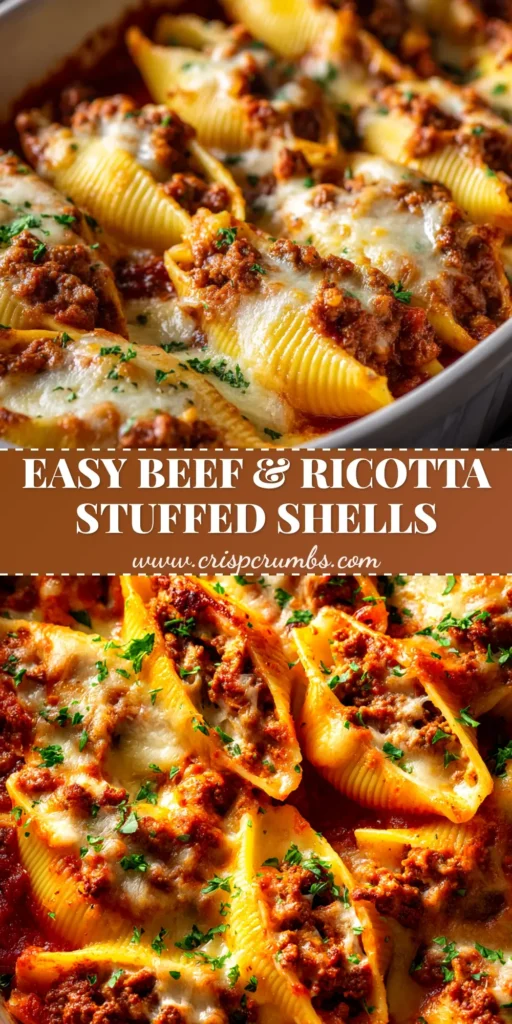 A close-up shot of cheesy beef stuffed shells in a white baking dish, ready to be served. The perfect comfort food recipe.