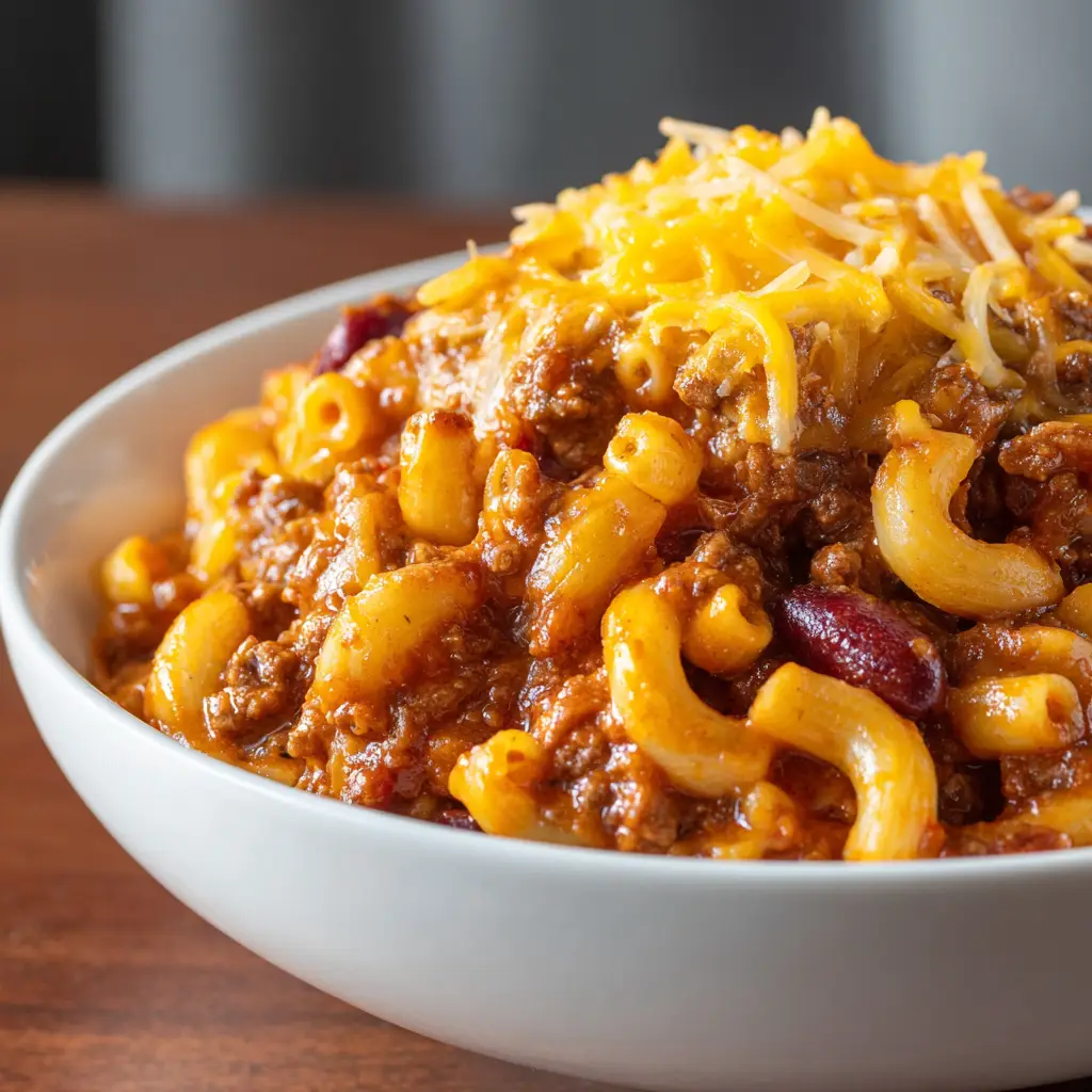 A spoonful of beefy chili mac and cheese being lifted from a bowl, highlighting the gooey cheese pull.