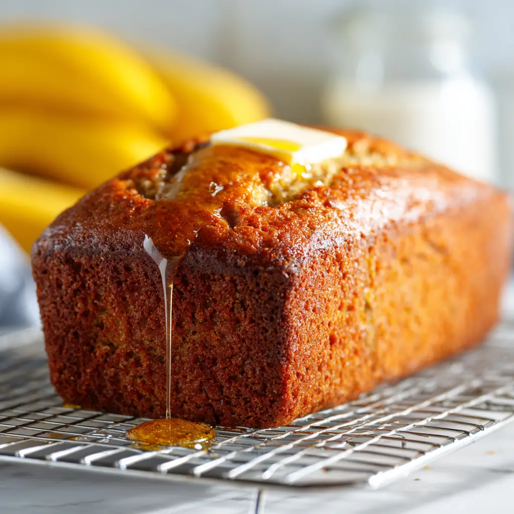 A freshly baked loaf of the best banana bread cooling on a wire rack, with a golden-brown crust.