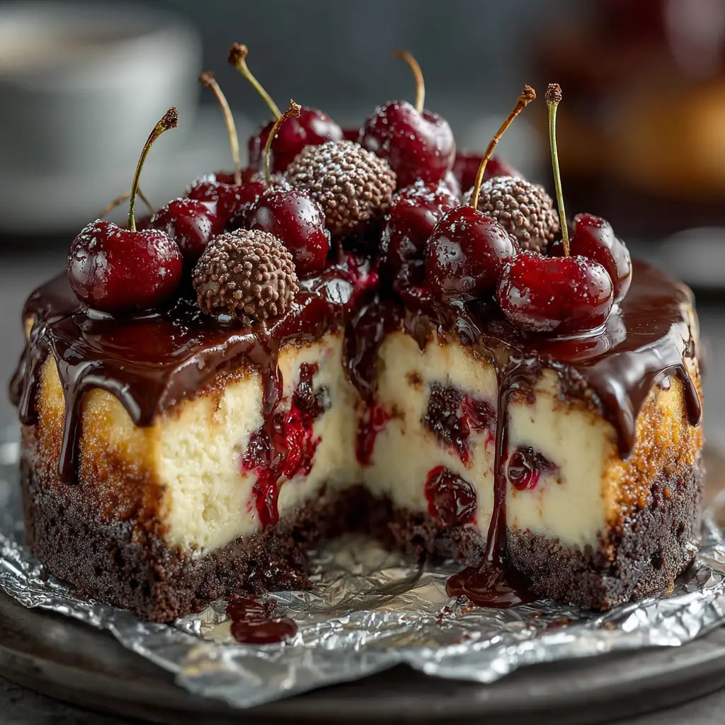 A close-up slice of chocolate cherry cheesecake on a white plate, showcasing the creamy texture and dark chocolate Oreo crust.