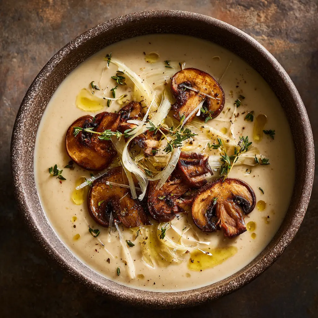 A large pot of blended vegetable soup being pureed with an immersion blender to create a smooth, creamy texture.