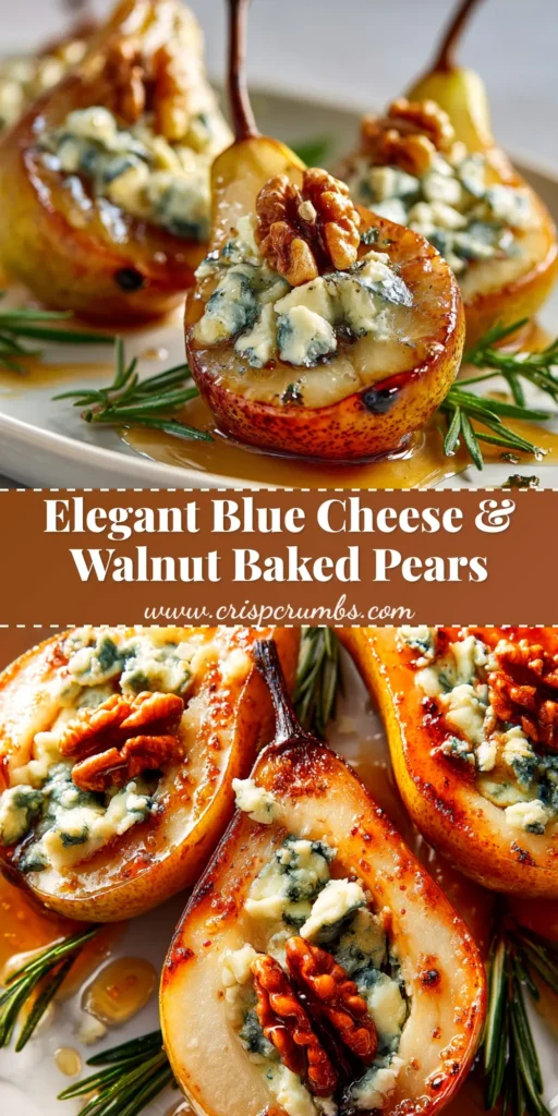 An overhead shot of four blue cheese stuffed pears on a white plate, drizzled with honey and garnished with walnuts. The pears are perfectly baked and golden.