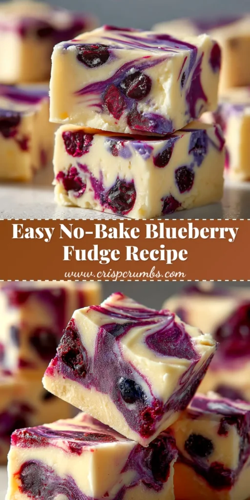 An overhead shot of homemade blueberry fudge recipe cut into squares on parchment paper. The white chocolate fudge has a beautiful purple blueberry swirl.