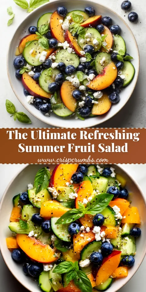 An overhead shot of a vibrant Blueberry Peach Feta Salad in a white bowl, showcasing juicy peaches, fresh blueberries, and creamy feta cheese. The perfect summer salad recipe.