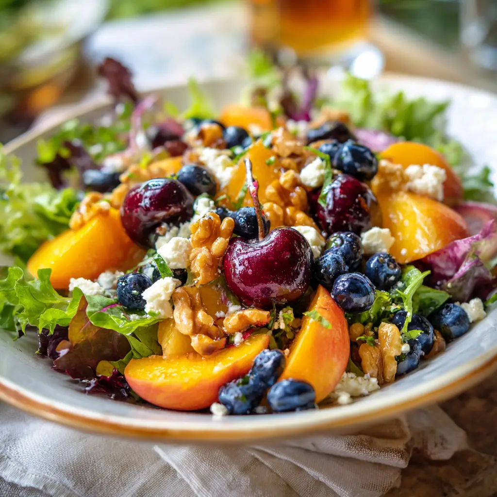 A vibrant bowl of blueberry peach feta salad being drizzled with a homemade lemon-herb vinaigrette.