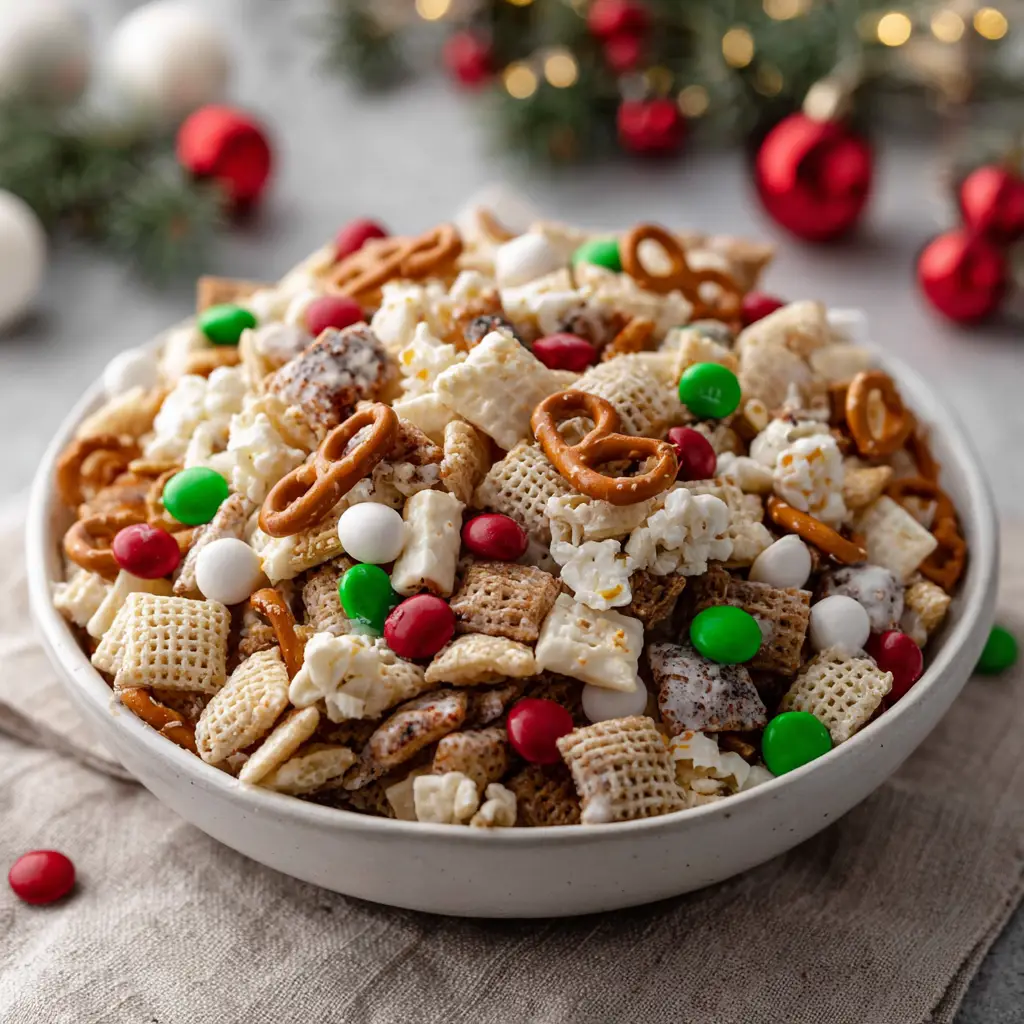 A bowl of finished Gluten-Free Reindeer Chow, ready to be served for a holiday party. The mix includes pretzels and colorful sprinkles.