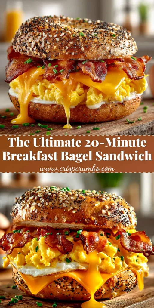 An ultimate breakfast bagel sandwich stacked high with a perfectly fried egg, crispy bacon, and melted cheese on a toasted everything bagel, ready to be eaten.