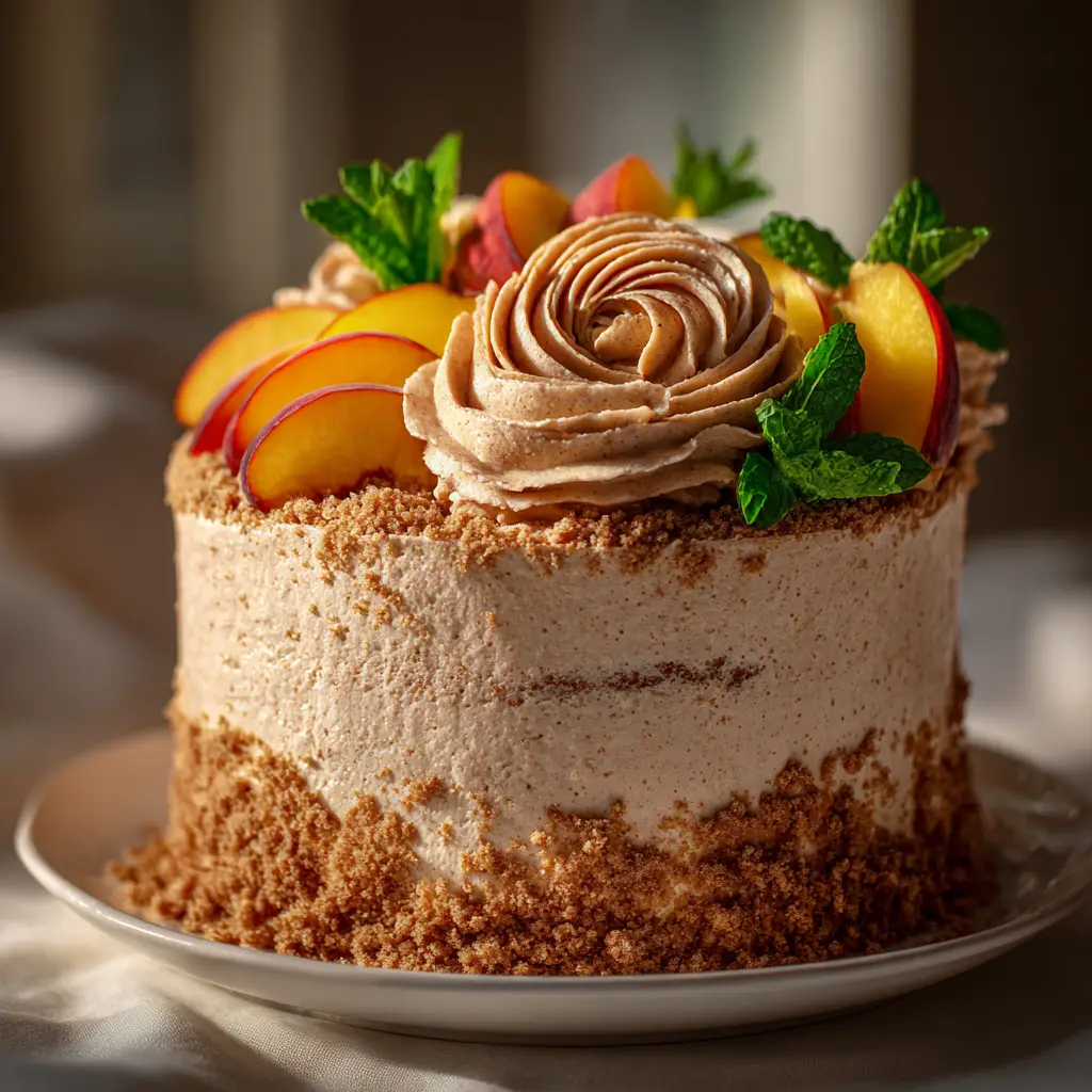 The ingredients for the fresh peach cake, including flour, sugar, eggs, and sliced peaches, arranged neatly on a wooden surface before mixing.