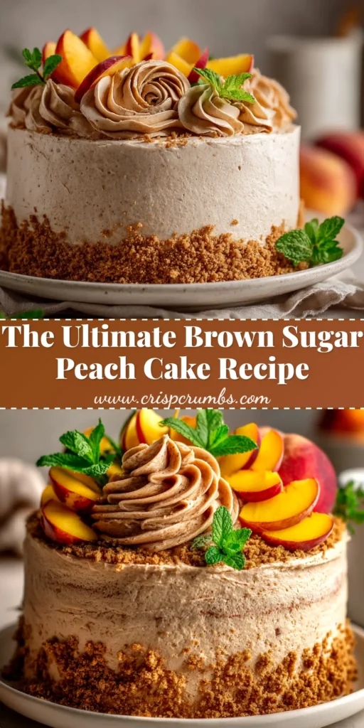 A beautiful slice of moist Brown Sugar Peach Cake on a white plate, showing juicy peach chunks and a crunchy streusel topping. A whole cake is visible in the background.