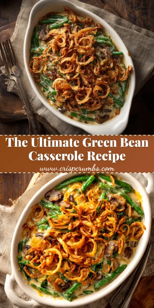 A top-down view of a classic Campbell's Green Bean Casserole in a white baking dish, topped with crispy golden French fried onions.