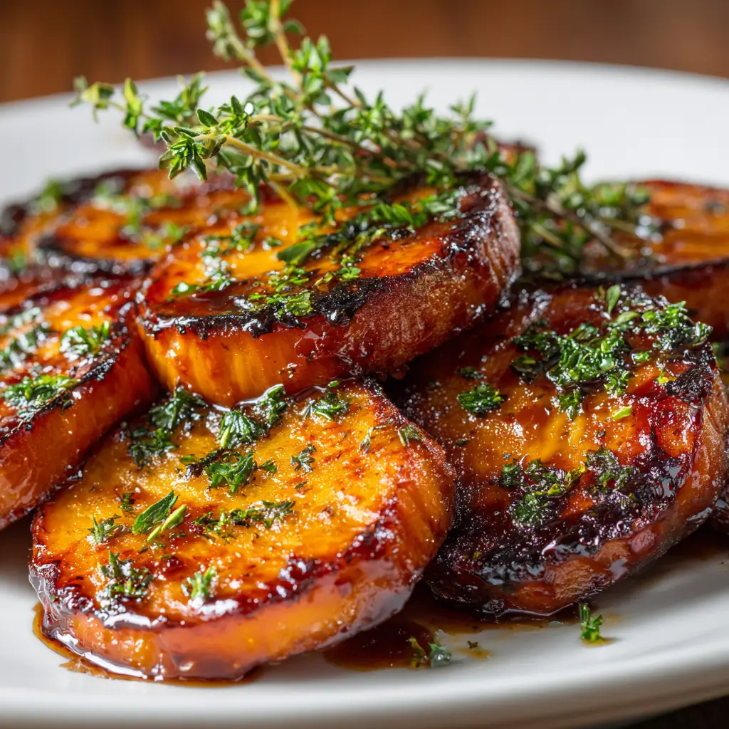 A close-up shot of tender roasted sweet potato slices, showing the caramelized buttery glaze in detail.