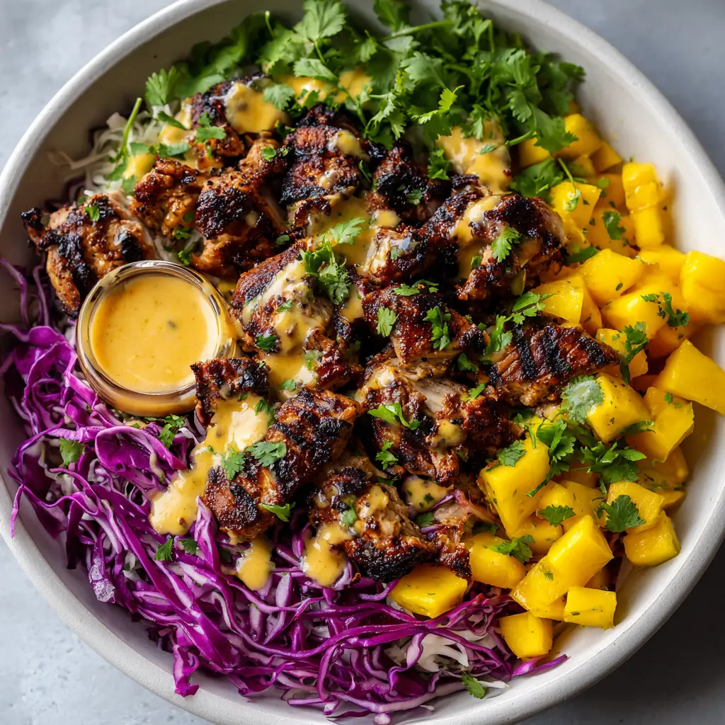 Two assembled Jerk Chicken Bowls ready to be served, highlighting the complete meal with coconut rice.