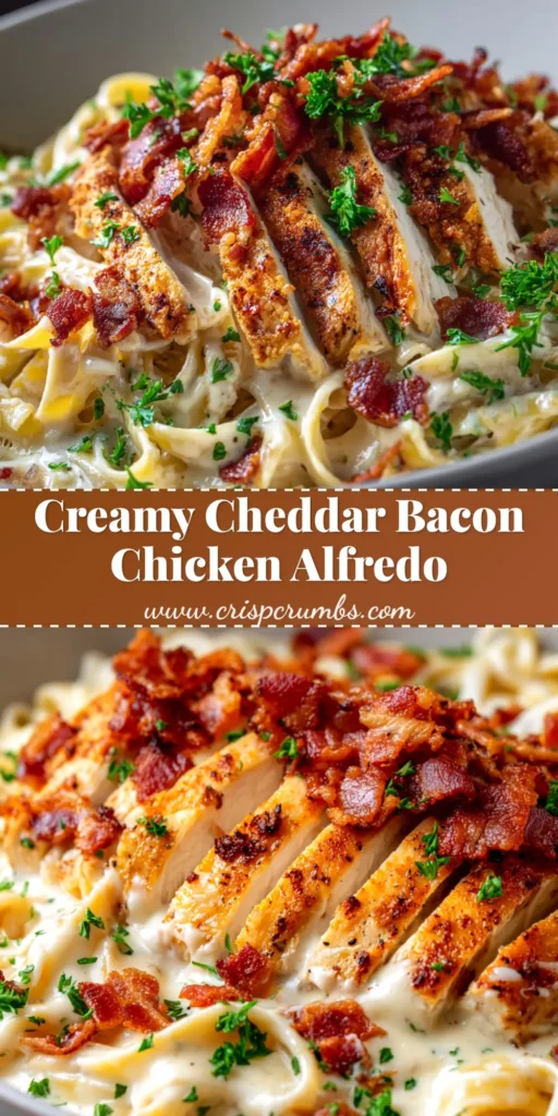 A top-down view of a white bowl filled with creamy Cheddar Bacon Chicken Alfredo, garnished with fresh parsley and extra bacon bits.