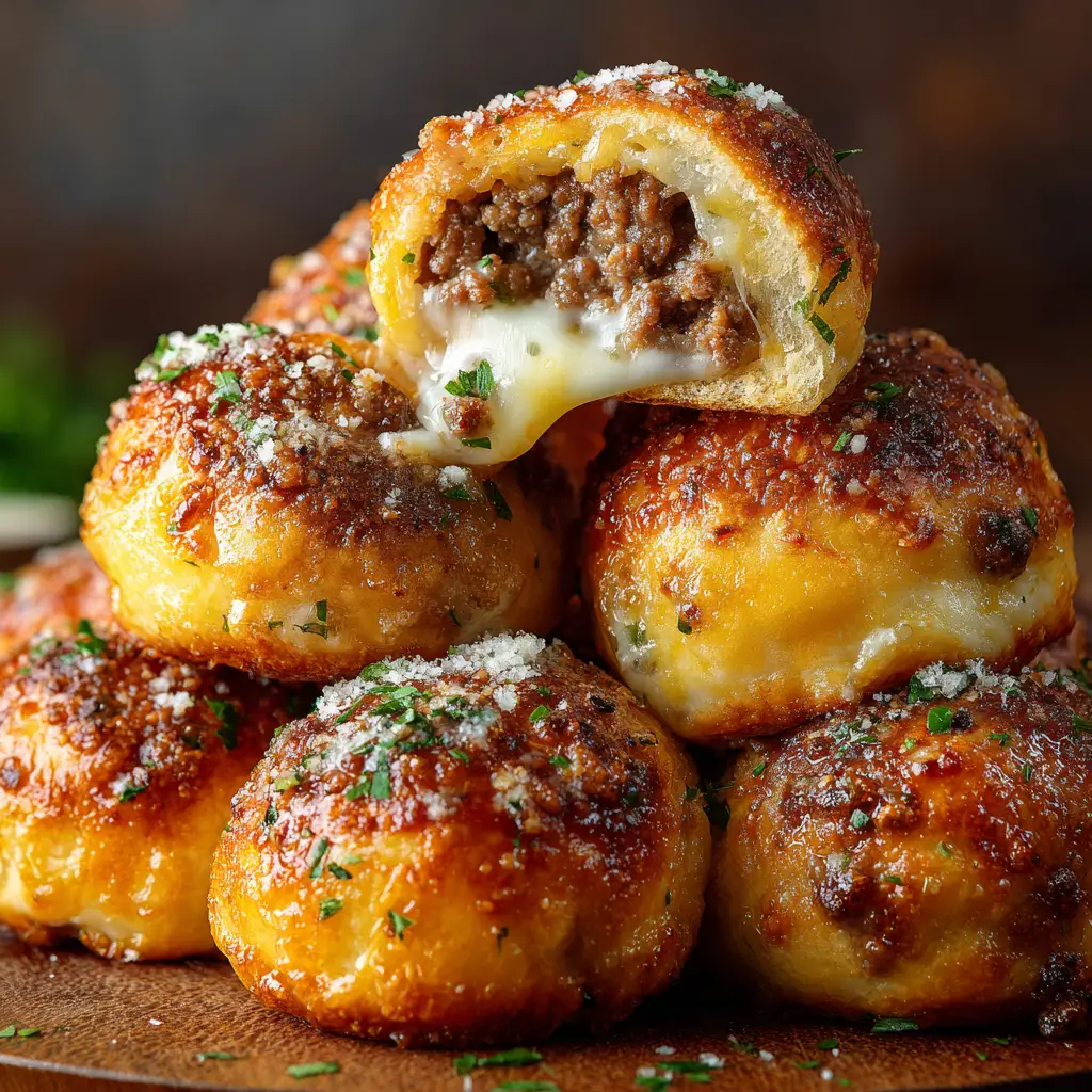 A close-up shot of a single baked cheeseburger bomb, showing the golden biscuit dough and a hint of the garlic parmesan topping.