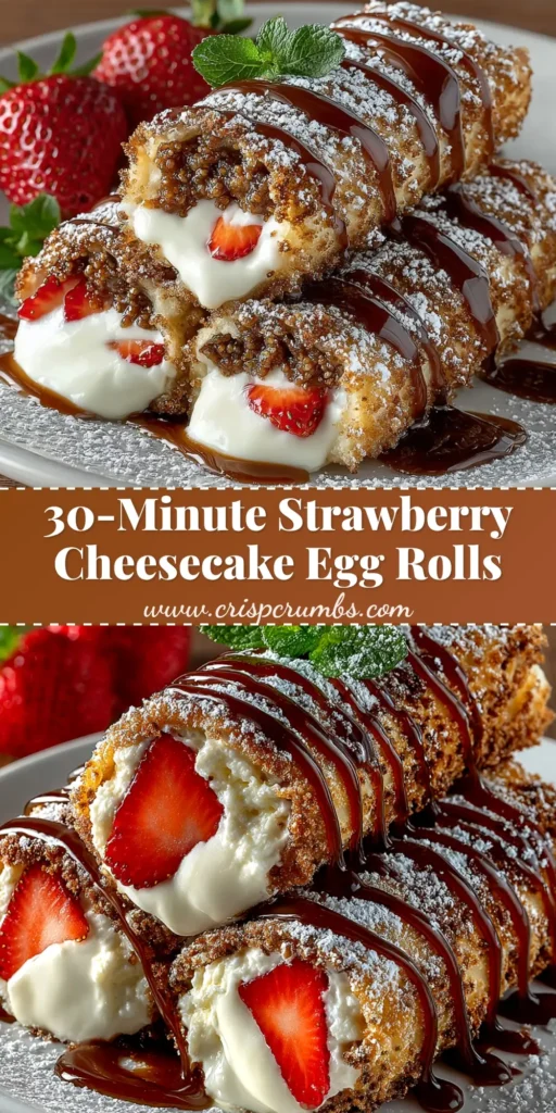 A stack of crispy, golden-brown cheesecake egg rolls dusted with powdered sugar, served with a side of raspberry dipping sauce. The perfect dessert recipe.