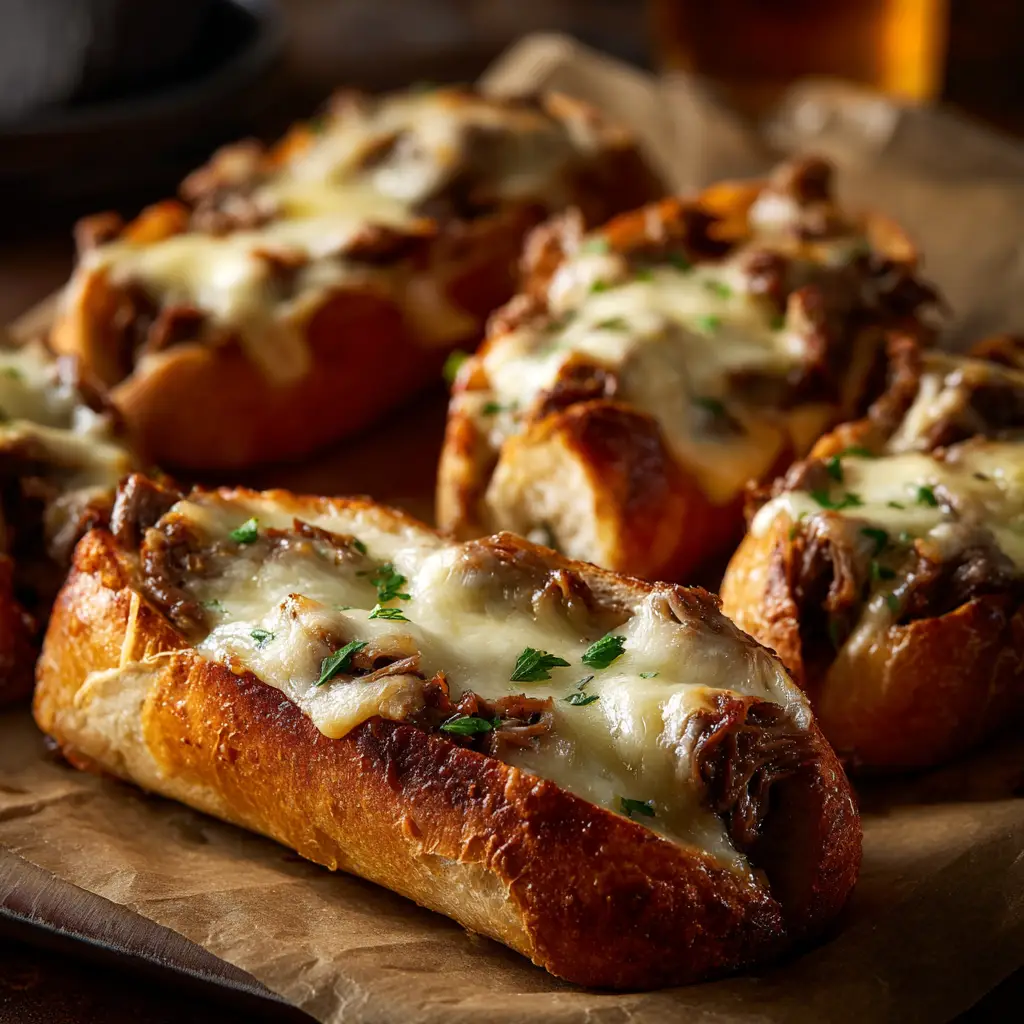 An extreme close-up of cheesy beef stuffed bread, highlighting the melted provolone and thinly sliced steak filling.