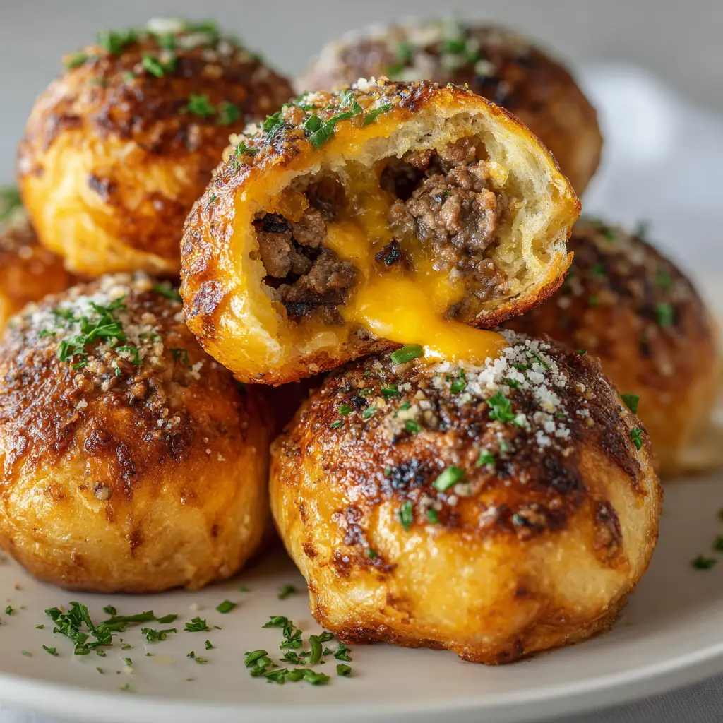 An extreme close-up of a golden-baked cheeseburger bomb, with melted cheese peeking out from the biscuit dough.