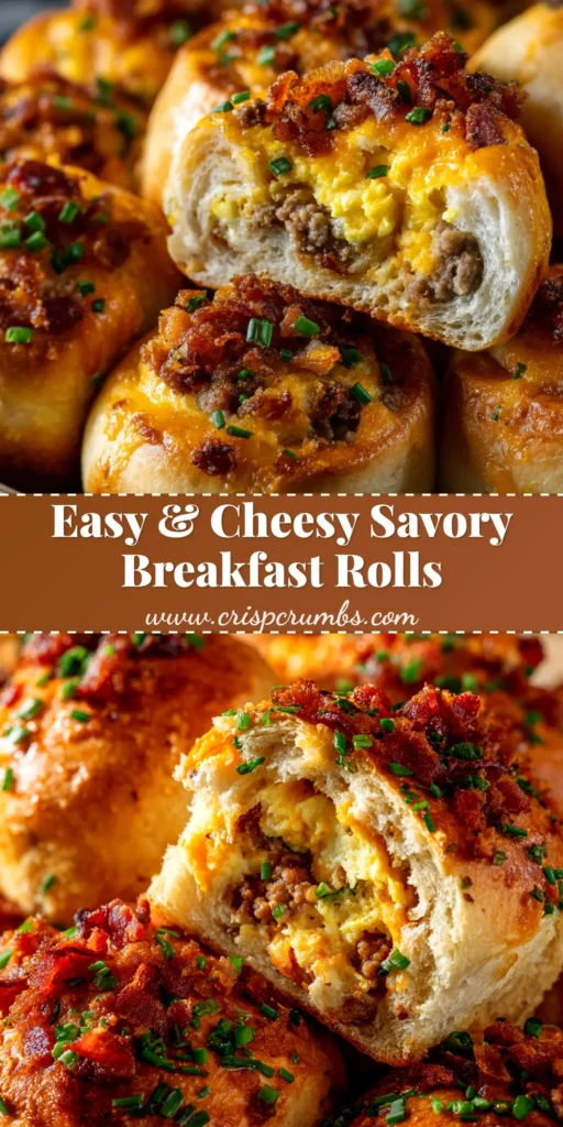 A top-down view of golden-brown Cheesy Breakfast Rolls arranged in a skillet, with gooey melted cheese and visible bits of sausage and egg. A hand is shown pulling one roll away, creating a delicious cheese pull.