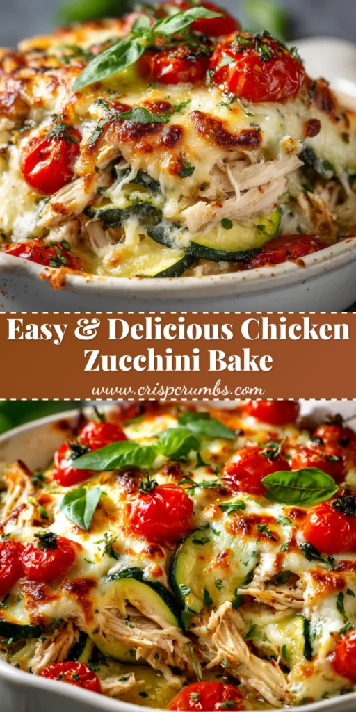 A close-up overhead shot of a cheesy Chicken Zucchini Bake in a white baking dish, ready to be served. The golden-brown melted cheese covers tender chicken and zucchini.