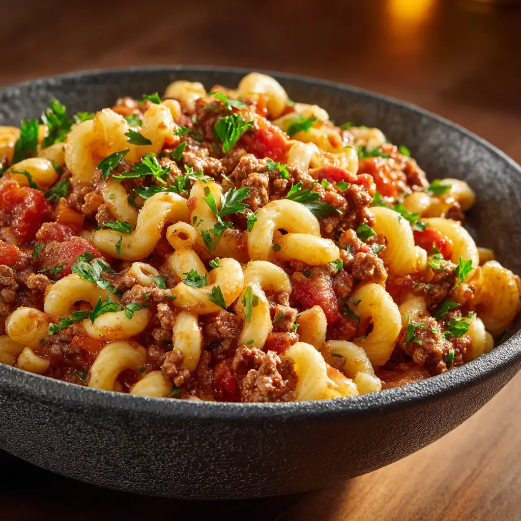 A spoonful of cheesy ground beef and pasta being lifted from a skillet of one-pot beefaroni, with cheese stretching.