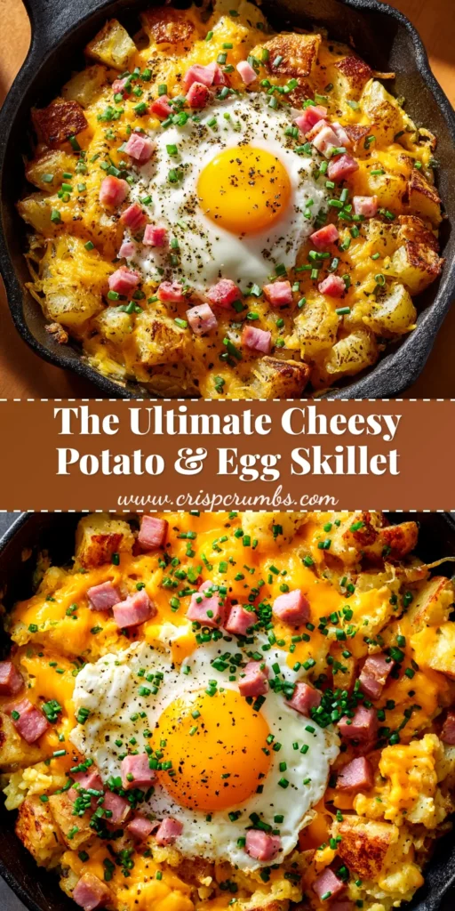 A delicious Cheesy Potato Egg Scramble served in a black cast-iron skillet, topped with fresh chives. The perfect one-pan breakfast recipe.