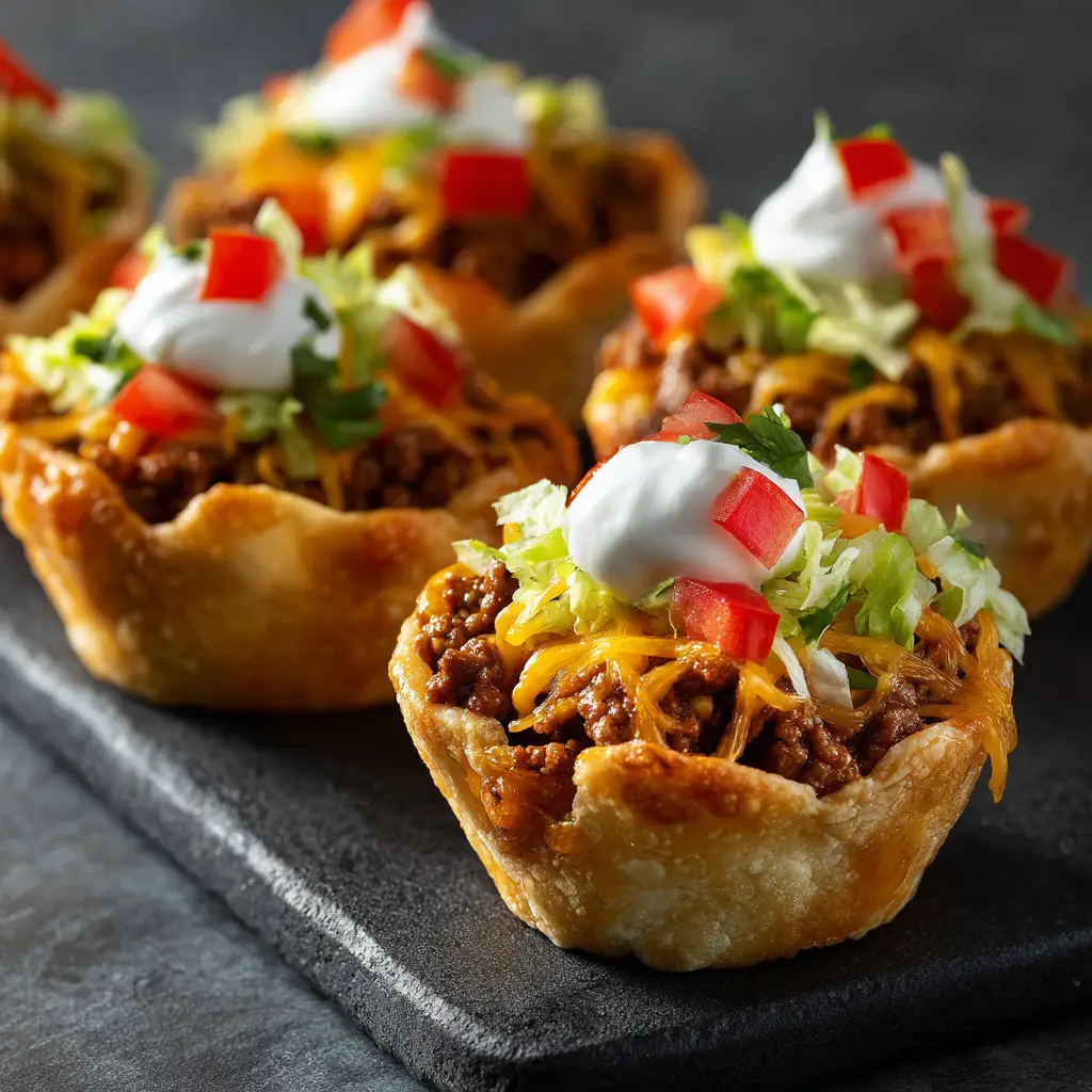 An extreme close-up of a single cheesy taco cup, showcasing the golden-brown crispy wonton wrapper, savory ground beef filling, and perfectly melted cheese.