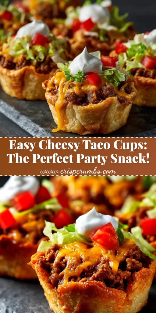 A close-up shot of crispy Cheesy Taco Cups arranged on a platter. These wonton taco cups are filled with seasoned ground beef and topped with melted cheese and fresh cilantro, making them the perfect party appetizer.