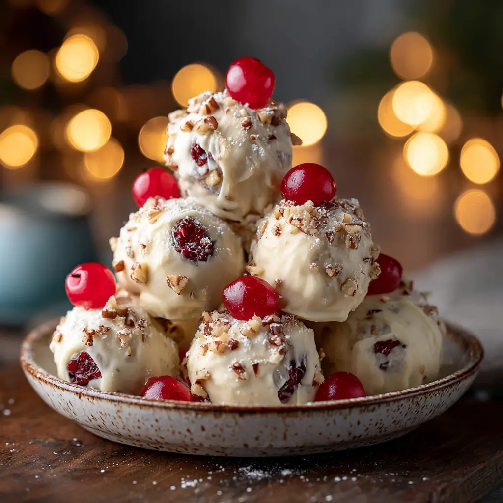 A close-up view showing the texture of the coconut and pecan filling for the no-bake cherry bomb recipe.