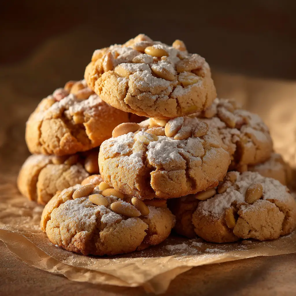 A small pile of chewy almond pignoli cookies, showcasing their golden pine nut crust and soft interior.