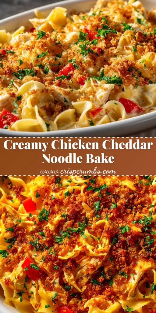 A scoop of creamy Chicken Cheddar Noodle Bake on a plate, showing melted cheese and tender noodles. The ultimate comfort food casserole recipe.