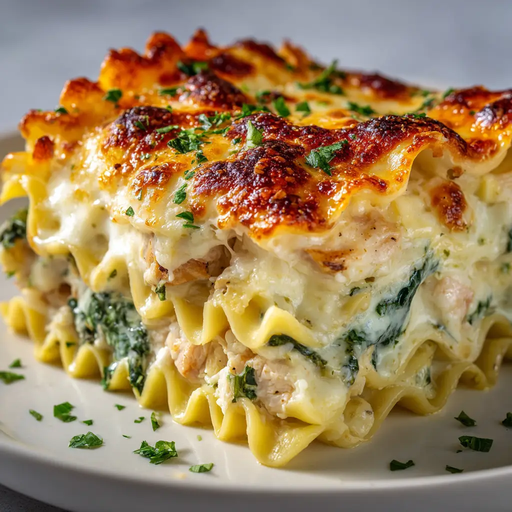 An extreme close-up of a slice of creamy chicken lasagna, with layers of pasta, white sauce, and melted cheese visible.