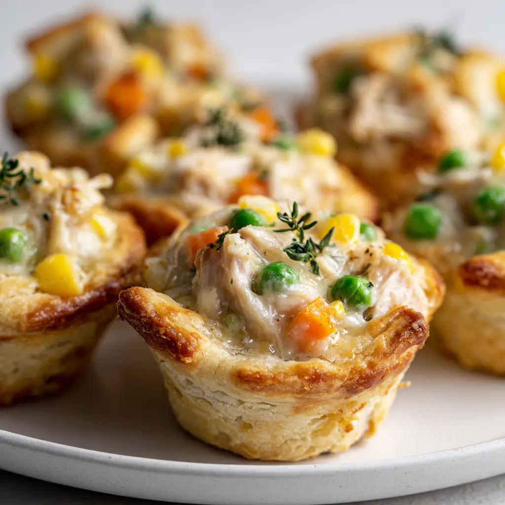 A full muffin tin of individual chicken pot pie cups, ready to be served. The filling is made with chicken, peas, and carrots in a creamy sauce.