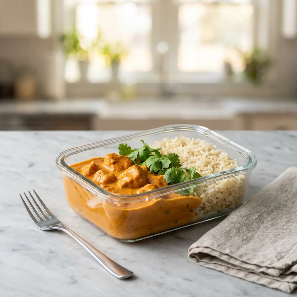 A close-up of a chicken tikka masala meal prep bowl, showing tender chicken in a creamy sauce next to white rice.