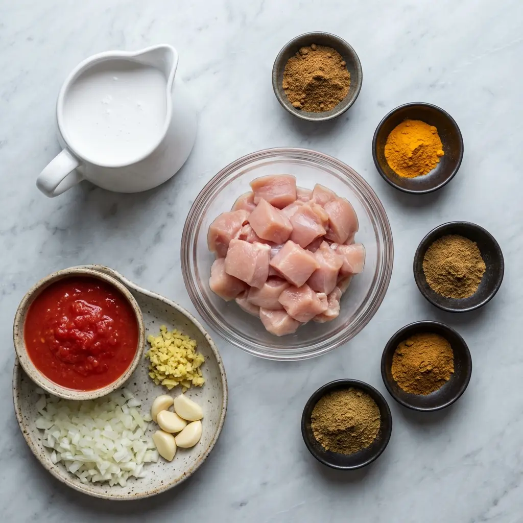 Ingredients for chicken tikka masala with coconut milk laid out on a marble surface.