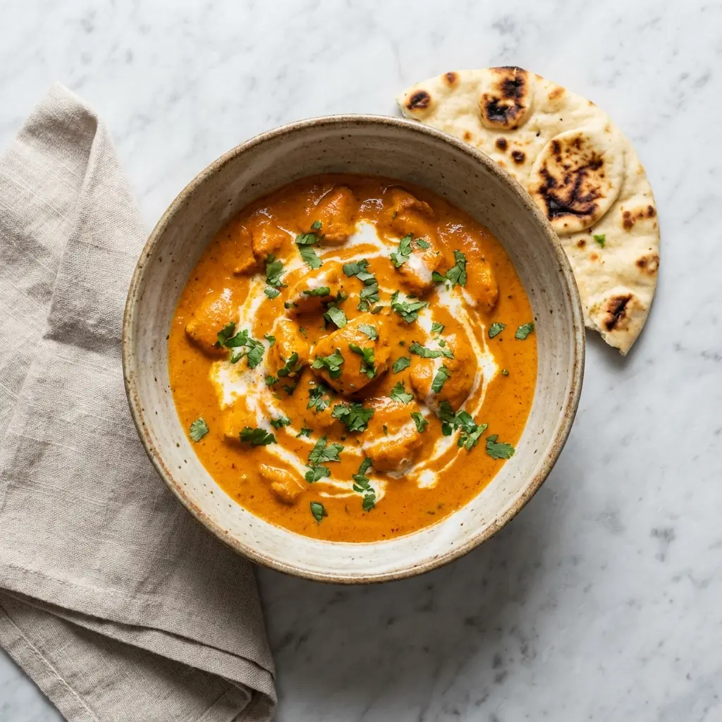 Overhead view of a bowl of chicken tikka masala with coconut milk, served with naan bread.