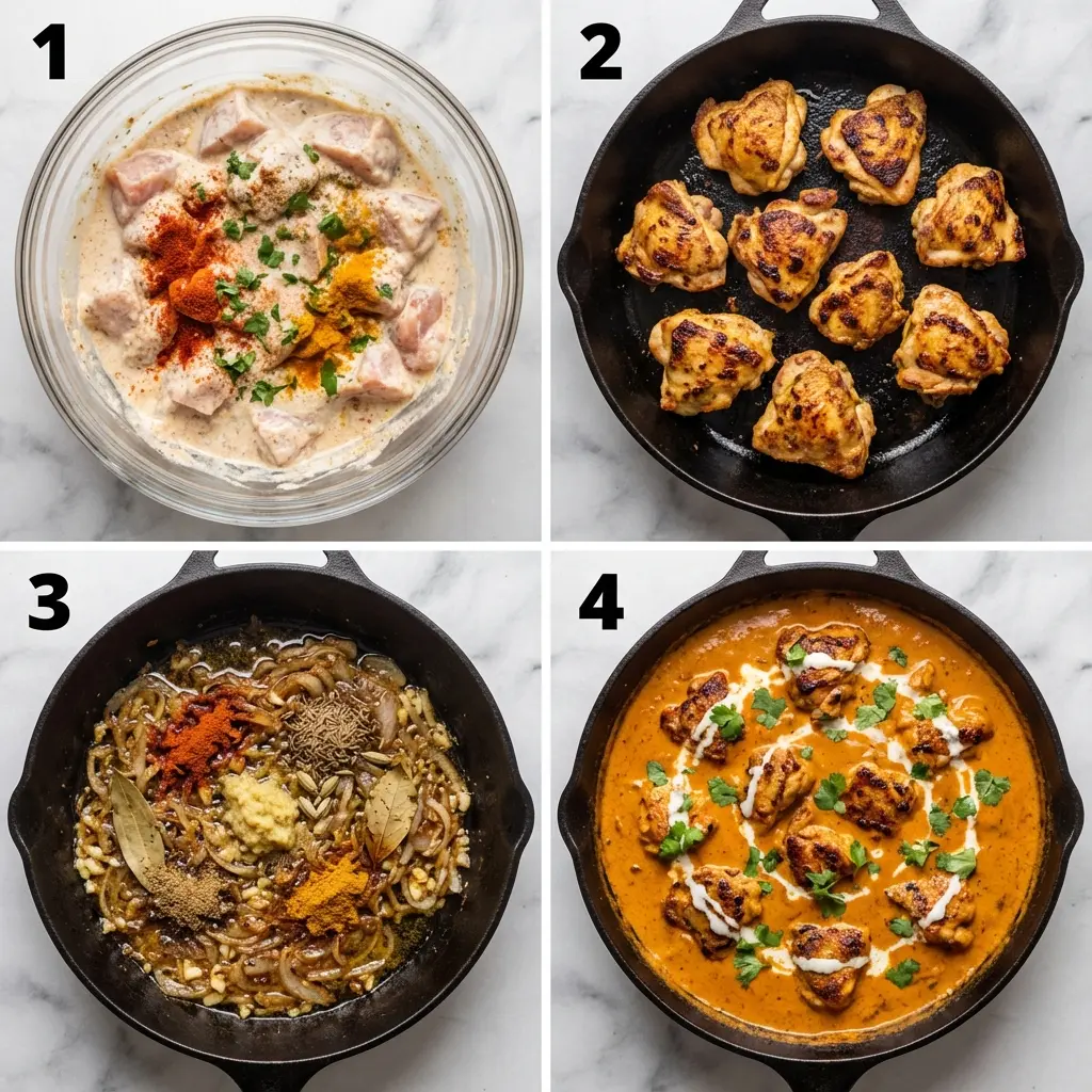 A 4-panel image showing the steps to make chicken tikka masala with coconut milk.