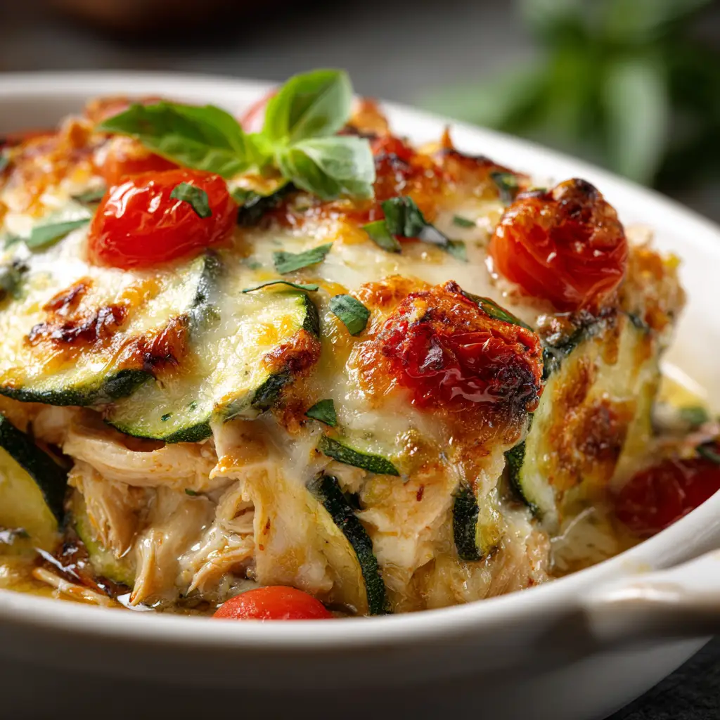 Step-by-step image showing the uncooked chicken and zucchini mixture layered in a baking dish before going into the oven.