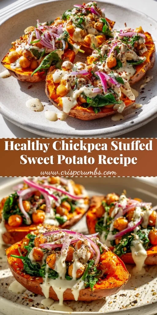 An overhead shot of delicious chickpea stuffed sweet potatoes, overflowing with a savory chickpea filling and drizzled with creamy tahini sauce.