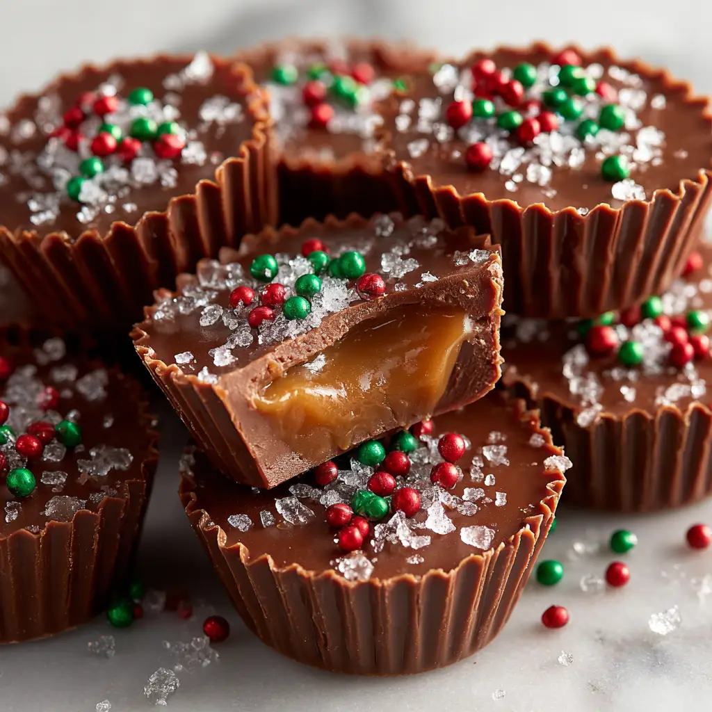 A close-up shot of a chocolate caramel cup cut in half, revealing the gooey, golden caramel center inside the chocolate shell.