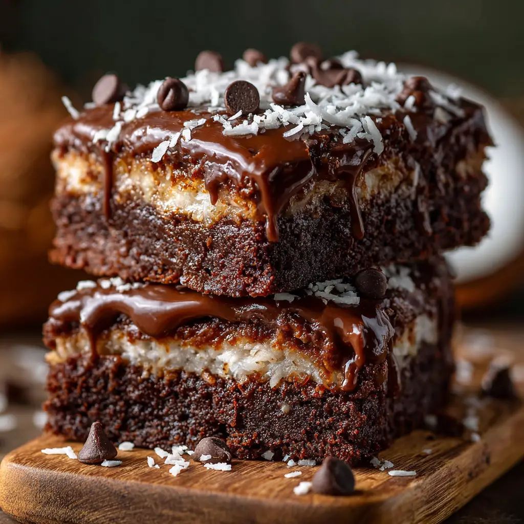 An extreme close-up of a stack of two rich, decadent coconut brownies, highlighting their moist, chewy texture and the shredded coconut within.