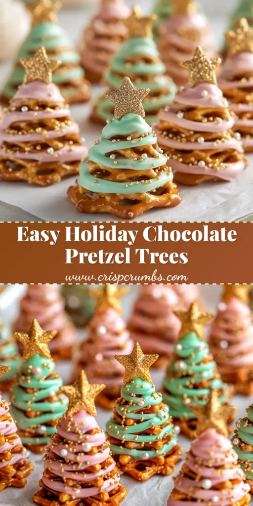 A close-up of festive Chocolate Pretzel Trees arranged on a platter. The green candy-coated pretzels are decorated with colorful Christmas sprinkles and a yellow star on top.