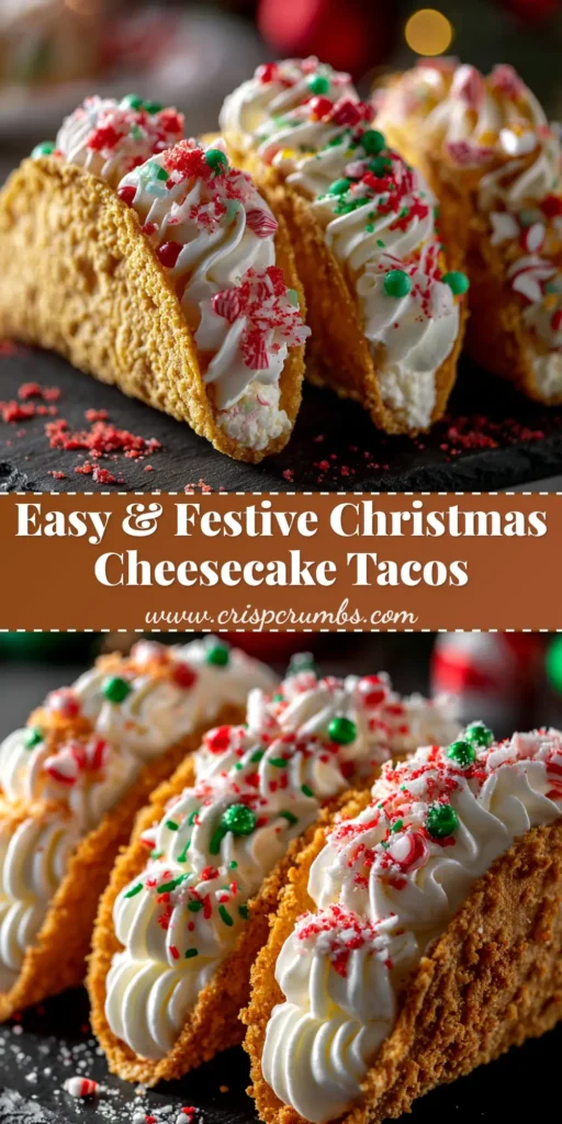 A platter of festive Christmas Cheesecake Tacos decorated with red and green sprinkles and a drizzle of white chocolate.