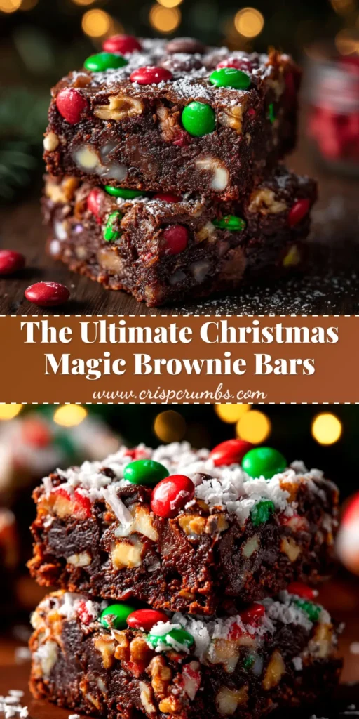 A stack of Christmas Magic Layer Brownie Bars on a festive plate, showing the distinct layers of brownie, coconut, pecans, and chocolate.