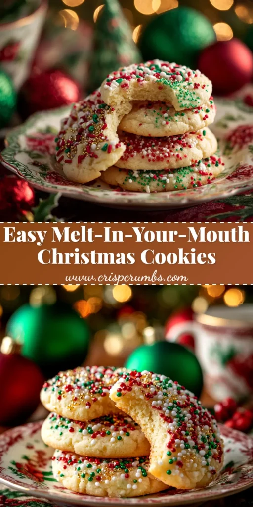 A festive overhead shot of perfectly baked Christmas Sprinkle Cookies cut into star shapes and covered in red, green, and white sprinkles, on a wooden board.