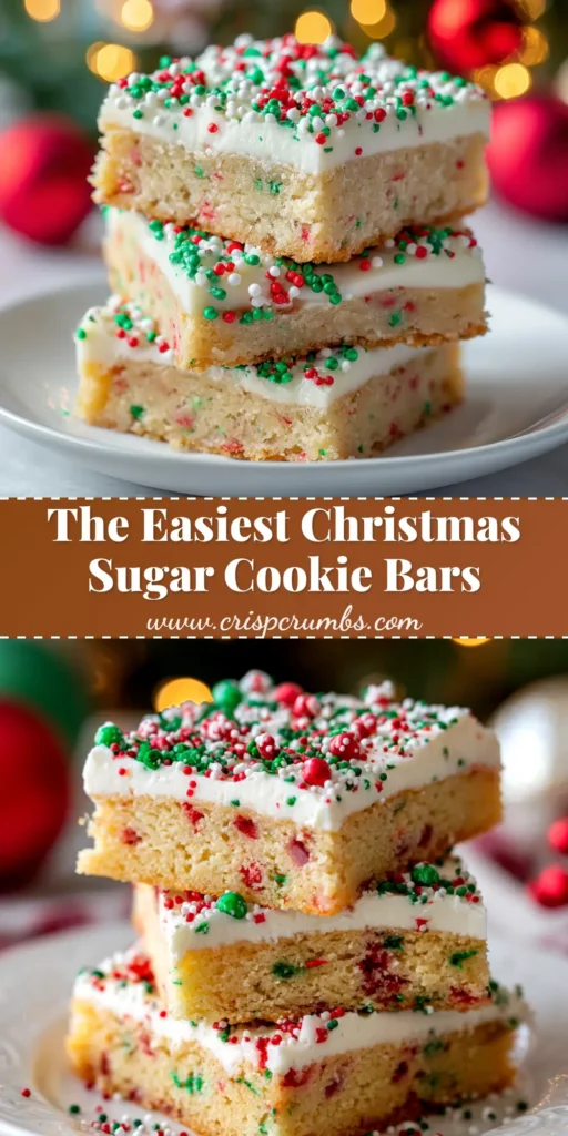 A close-up overhead shot of Christmas Sugar Cookie Bars cut into squares, topped with white frosting and red and green sprinkles, arranged on a festive plate.