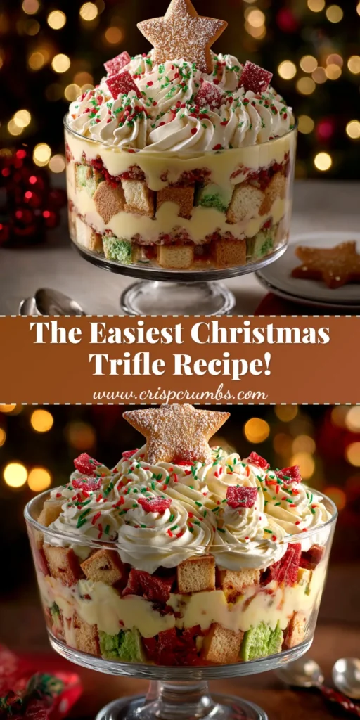 A stunning Christmas Tree Cake Trifle in a glass bowl, showing layers of green pudding, white cream, and cake pieces, topped with festive sprinkles. The perfect easy holiday dessert recipe.
