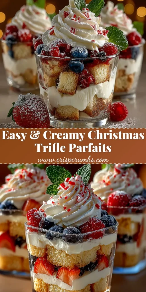 A stunning Christmas Trifle in a large glass bowl, layered with cake, jelly, custard, and cream, and topped with festive berries. A perfect holiday dessert.