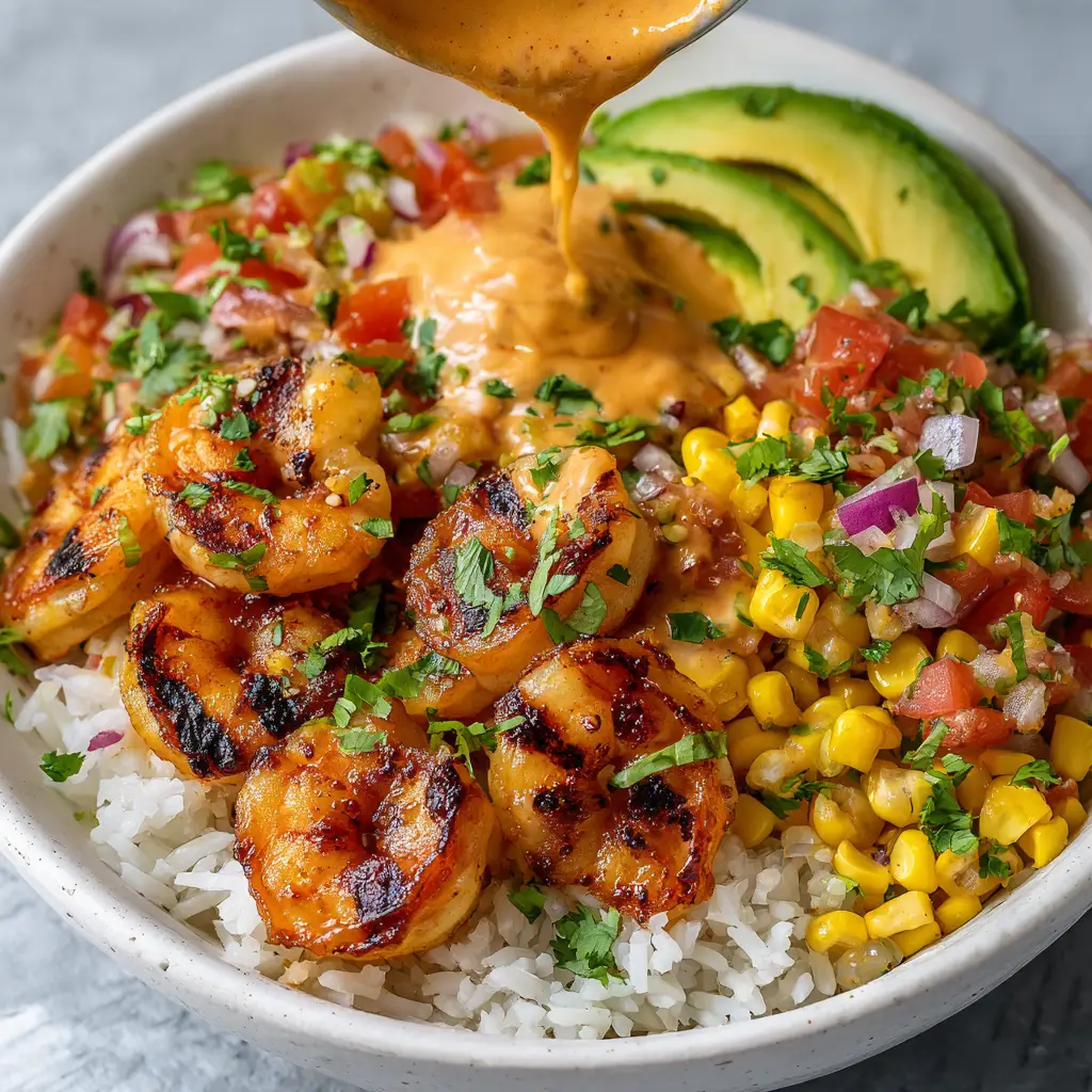 A beautiful cilantro lime shrimp bowl ready to be served, with all the fresh ingredients artfully arranged.